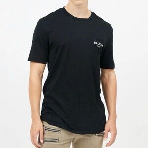 Balmain Paris Men’s Black Cotton Crewneck T-Shirt with White Chest Logo Size XL